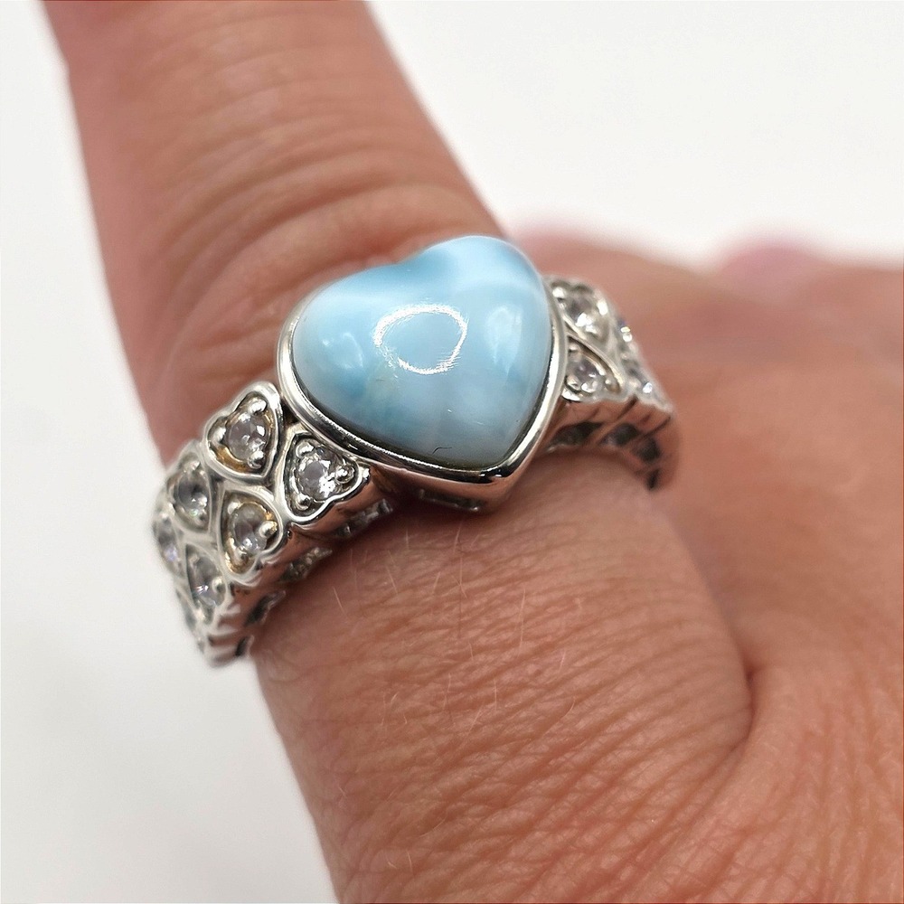 JTV Sterling Silver Dominican Larimar White Zircon Heart Statement Ring Sz  7.75